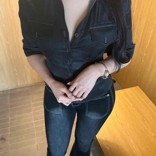 Button-down Double Pocket Contrast Fitted 3/4 Sleeve Blouse