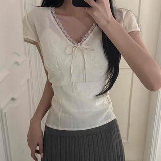 Ribbon Slim Fit Plain Short Sleeve Daily Blouse