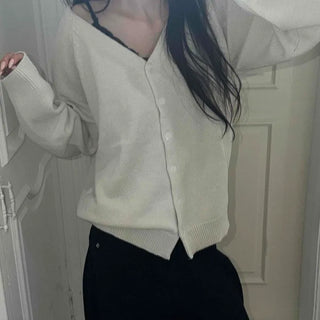 Button Raglan Sleeve Loose Fit Plain Long Sleeve Cardigan