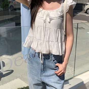 Sroom Frill Sleeveless Blouse Button Blouse/Frill Neck/Ruffle Blouse/ Puff Short Sleeve