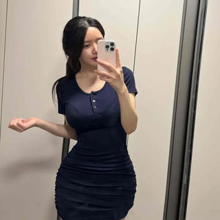 Shirred Button Slim Fit Plain Short Sleeve Mini Dress
