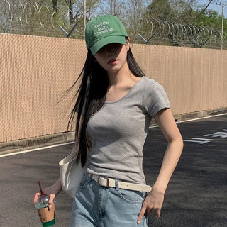 Pudding U-Neck Plain Short Sleeve T-shirt