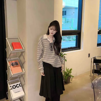Loose-fit Striped Color Block Long Sleeve Casual T-shirt