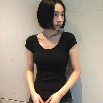 Plain Slim Fit Cap Sleeve Daily Short Sleeve T-shirt