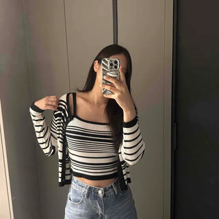 Color-block Strap Button Slim Fit Striped Long Sleeve Two-piece