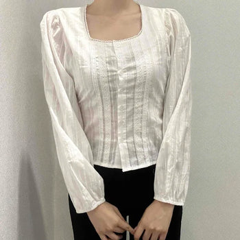 Shirred Button Plain Long Sleeve Daily Blouse