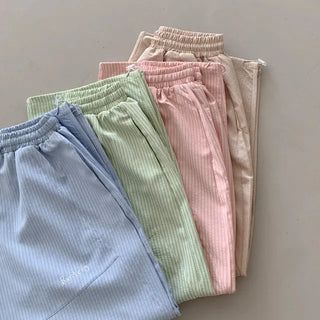 ◈-5℃/Summer Pants◈Thin Waist, Wide Waist◈Seersucker Elastic Waist, Drawstring, Wide Pants, Training Pants, Pintuck, Curved Baggy, Striped, Resort Long Pants, Summer Clothes, Pants