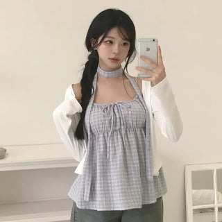 Delicate Tie Set Check Shirred Flare Sleeveless Blouse + U-Neck Delicate Fit Long Sleeve Cardigan Layered Outfit Set