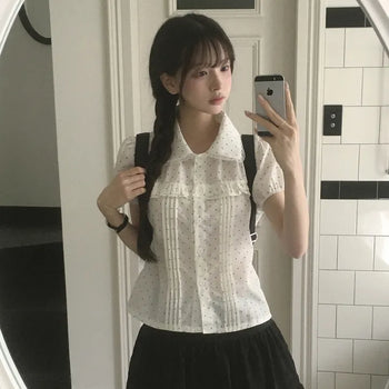 Girlish Vibe, Dot & Flower Lace Collar Frill Pintuck Puff Sleeve Delicate Fit Short Sleeve Blouse