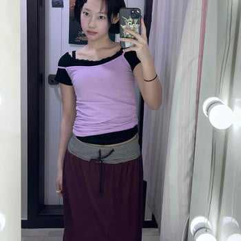 Loose-fit String Contrast A-line Daily Midi Skirt