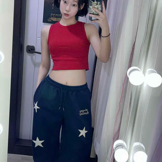 Loose Fit Printed Patchwork String Wide Long Pants