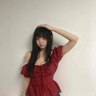 Off-shoulder Shirred Frill Dot Short Sleeve Blouse