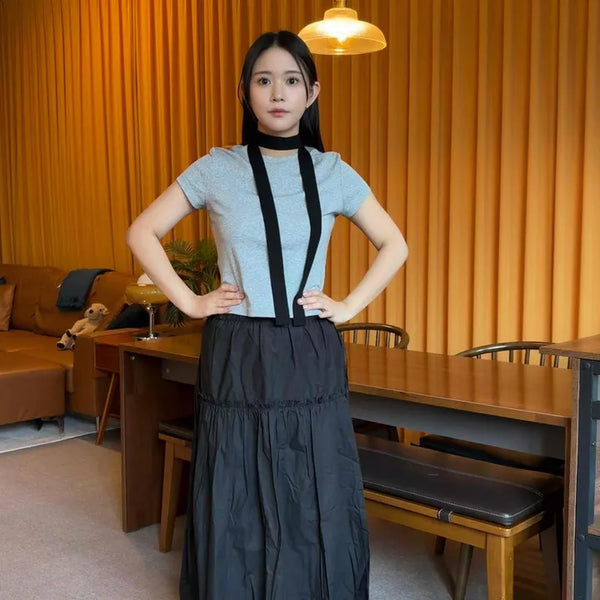 Shirred String A-Line Loose Fit Daily Long Skirt