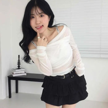Slim Fit Shirred Drape Off-Shoulder Long Sleeve T-Shirt