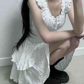 Frill Shirred Slit Loose Fit A-Line Sleeveless Mini Dress