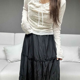 Slim Fit Plain Shirred Ribbon Long Sleeve Blouse
