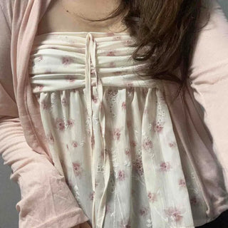 Shirred Ribbon Strap Flower Sleeveless A-Line Blouse