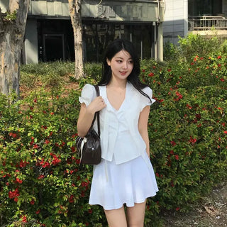 Loose Fit Plain Shirred Pintuck Short Sleeve Blouse