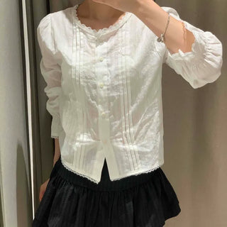 Frill Pintuck Button Plain Long Sleeve Loose Fit Blouse