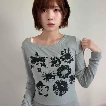Slim Fit Flower Print Daily Long Sleeve T-shirt