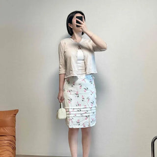 Shirred String Flower Wrap H-Line Midi Skirt