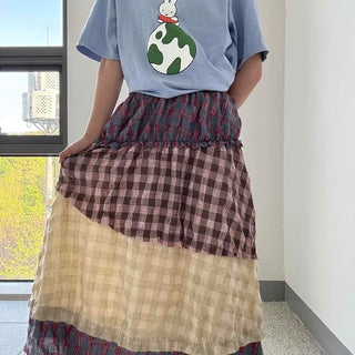 Shirred Frill Check Tiered Layered Loose Fit Long Skirt