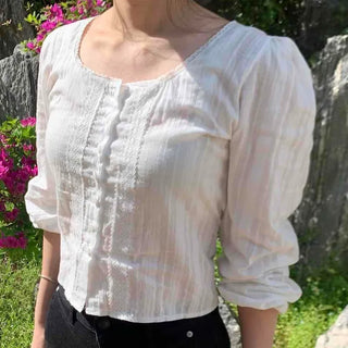 Shirred String Button Plain Loose Fit Long Sleeve Blouse