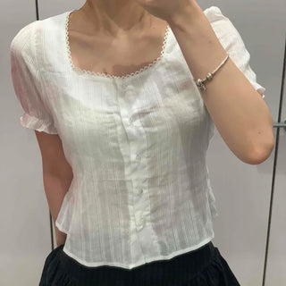 Ribbon Shirred Button Plain Short Sleeve Blouse