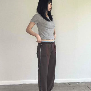 String Contrast Wide Loose Fit Daily Long Pants