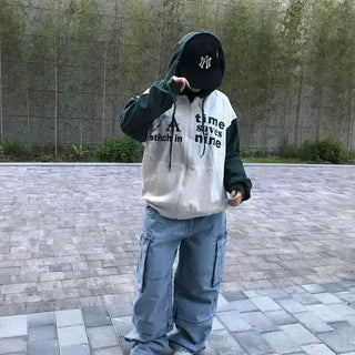 Color Block Lettering Oversized Long Sleeve Zip-Up Hoodie