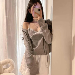 Frill Layered Loose Fit Plain Long Sleeve Two-Piece Set