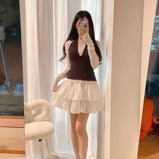 Ribbon Frill Layered Slim Fit Plain Long Sleeve Two-Piece Set