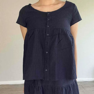 Button Stripe Button-Down Loose Fit Short Sleeve Blouse