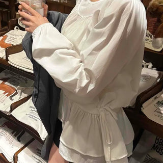 Shirred Frill String Loose Fit Plain Long Sleeve Blouse