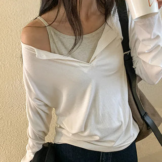 Kuti Moist Stretch Spandex Button Henley Neck Layered Long Sleeve T-shirt