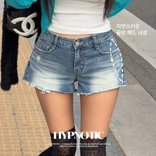 [MADE: In-house Production] Damaged Raw Denim Shorts [Hip Pads]