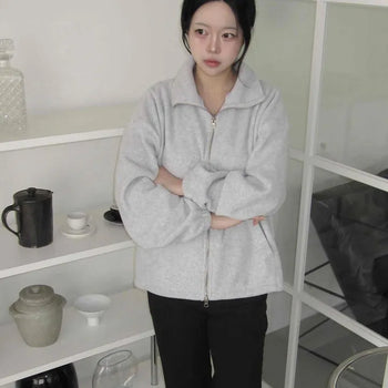 Loose Fit Plain Zipper Full-Zip Long Sleeve Zip-Up