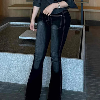 Washed Zipper Button Flare Bootcut Daily Long Pants
