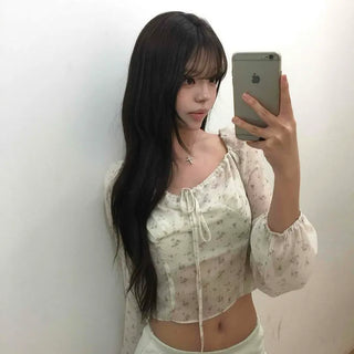 Shirred Frill String Flower Long Sleeve Blouse