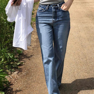Loose-fit Washed Button Straight Daily Long Pants