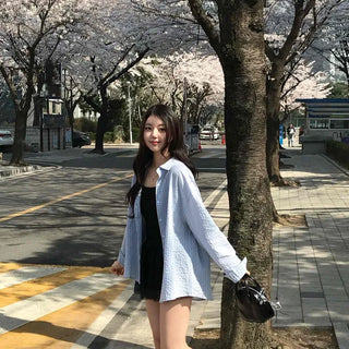 Oversized Striped Button-Down Long Sleeve Shirt