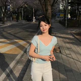 Fitted Plain Ribbon Backless Short Sleeve T-shirt