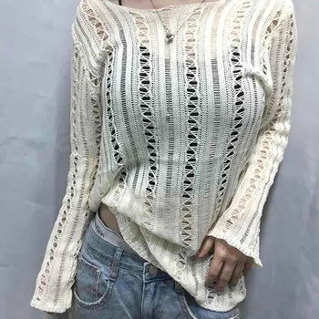 Loose Fit Plain Punched See-through Long Sleeve