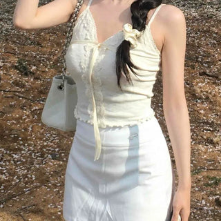 Strap Ribbon Frill Slim Fit Fitted Sleeveless