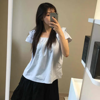 Shirred Plain Loose Fit Short Sleeve Daily Blouse