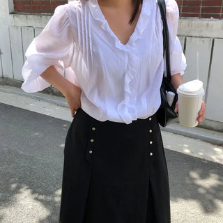 WITH Women's Frill Spring/Summer Long Sleeve Ruffle Loose Fit V-Neck Date Look Blouse