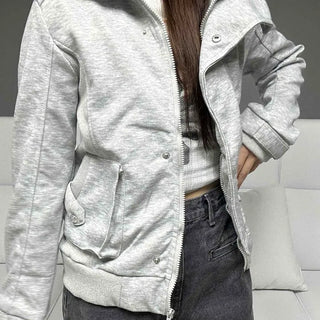 Loose-fit Plain Zipper Flap Pocket Full-zip Long-sleeve Jacket