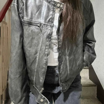 Regular Fit Plain Zipper Cut-out Washed Full-Zip Raglan Long Sleeve Jacket