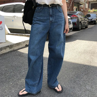 Odd Women's Wide Medium Blue Long Basic Ring Yarn Loose Fit Denim