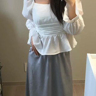 Shirred Frill Plain Long Sleeve Blouse